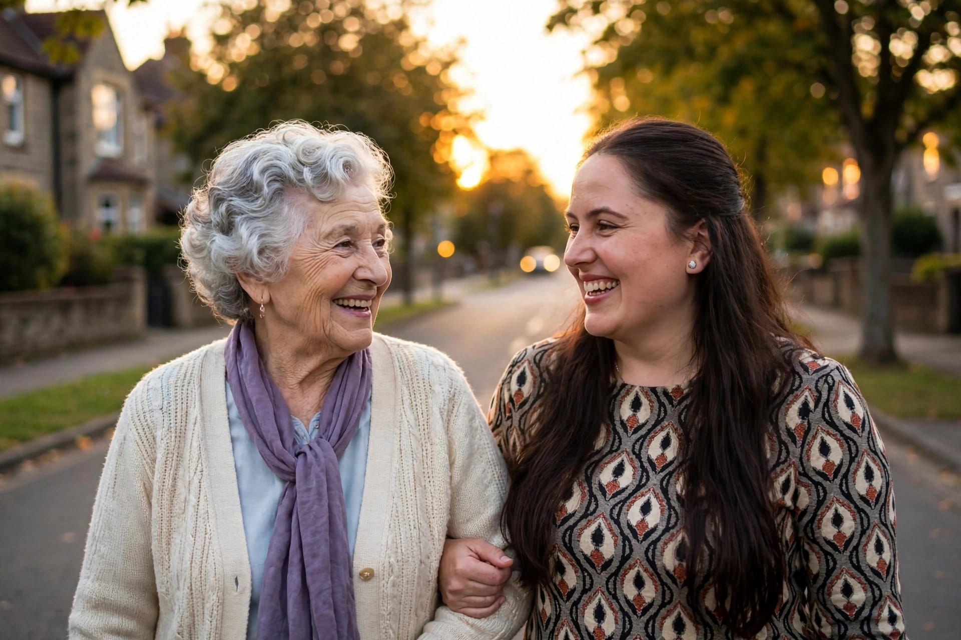 Due amiche di età diverse camminano a braccio unito verso un appuntamento